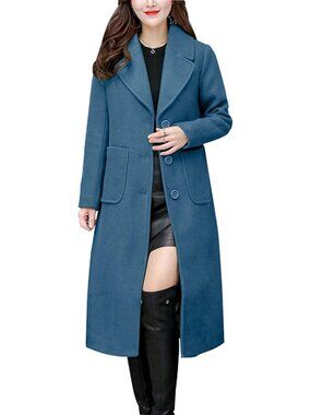 Women Dark Blue Notch Collar Long Sleeve Single Breasted Wool Blend Trench Coat